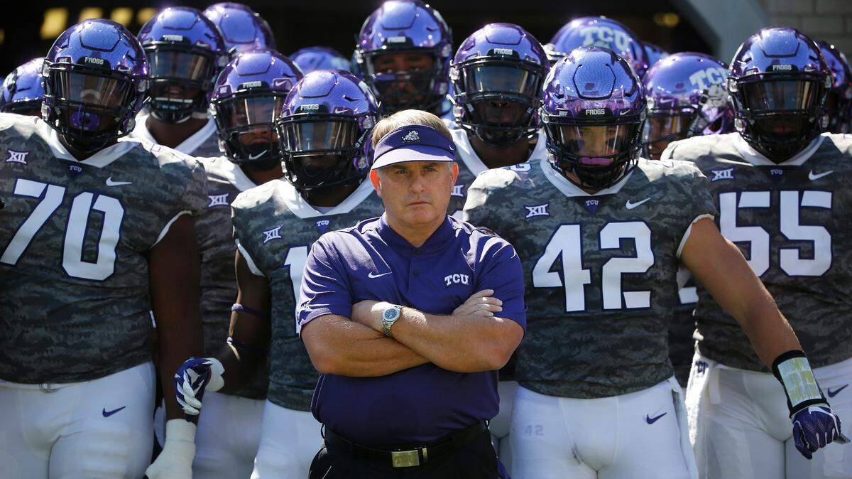 TCU head coach Gary Patterson stands with his team before playing Southern University in an NCAA college football game Saturday, Sept. 1, 2018, in Fort Worth, Texas.