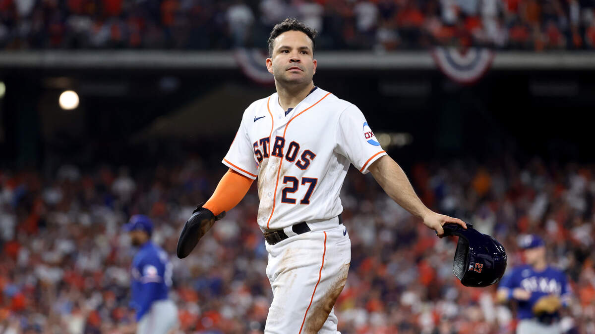 Houston Astros second baseman Jose Altuve (27) reacts after being called out on a review during the eighth inning of game one of the ALCS against the Texas Rangers in the 2023 MLB playoffs at Minute Maid Park. (Troy Taormina-USA TODAY Sports)
