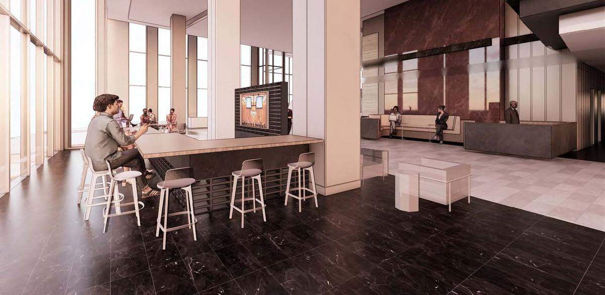 A rendering of cafe work spaces inside a building lobby. 