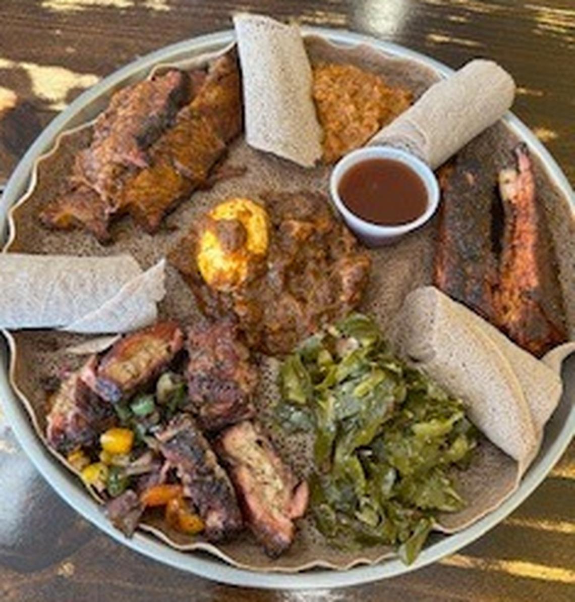 The Tex-Ethiopian platter for two at Smoke ‘N Ash BBQ in Arlington. 