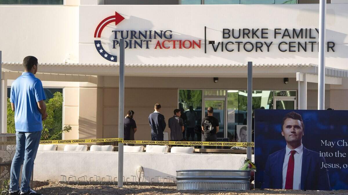 Arizonans mourn Turning Point USA Founder Charlie Kirk outside of the Turning Point USA headquarters on Wednesday, Sept. 10, 2025, in Phoenix.