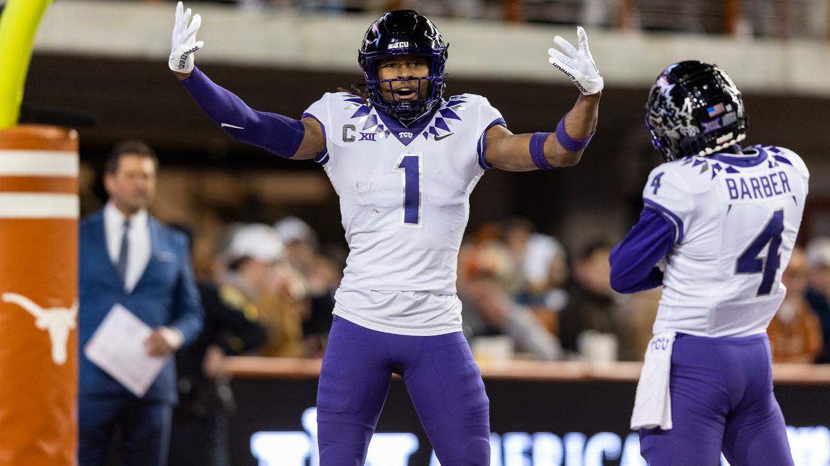 TCU wide receiver Quentin Johnston (1) celebrates a touchdown against Texas with wide receiver Taye Barber (4) during the second half of an NCAA college football game Saturday, Nov. 12, 2022, in Austin, Texas. (AP Photo/Stephen Spillman)