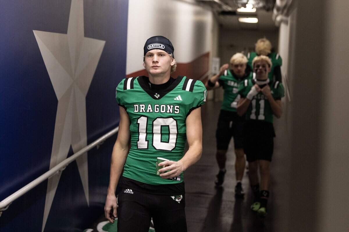 Southlake Carroll wide receiver Brody Knowles (10) comes out of the locker room during a weather delay during the UIL Division II Regional playoff game at Choctaw Stadium in Arlington on Friday, Nov. 28, 2025.