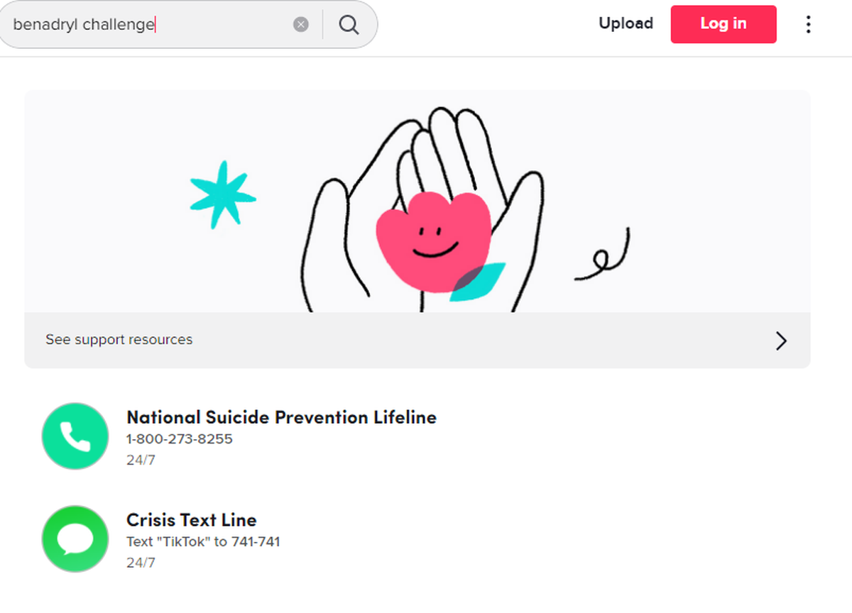 A search for “benadryl challenge” on TikTok returns suicide prevention resources.