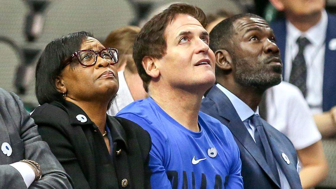 Dallas Mavericks owner Mark Cuban sits with new CEO Cynthia Marshall during the game against the Indiana Pacers, Monday evening, February 26, 2018 played at the American Airlines Center in Dallas.