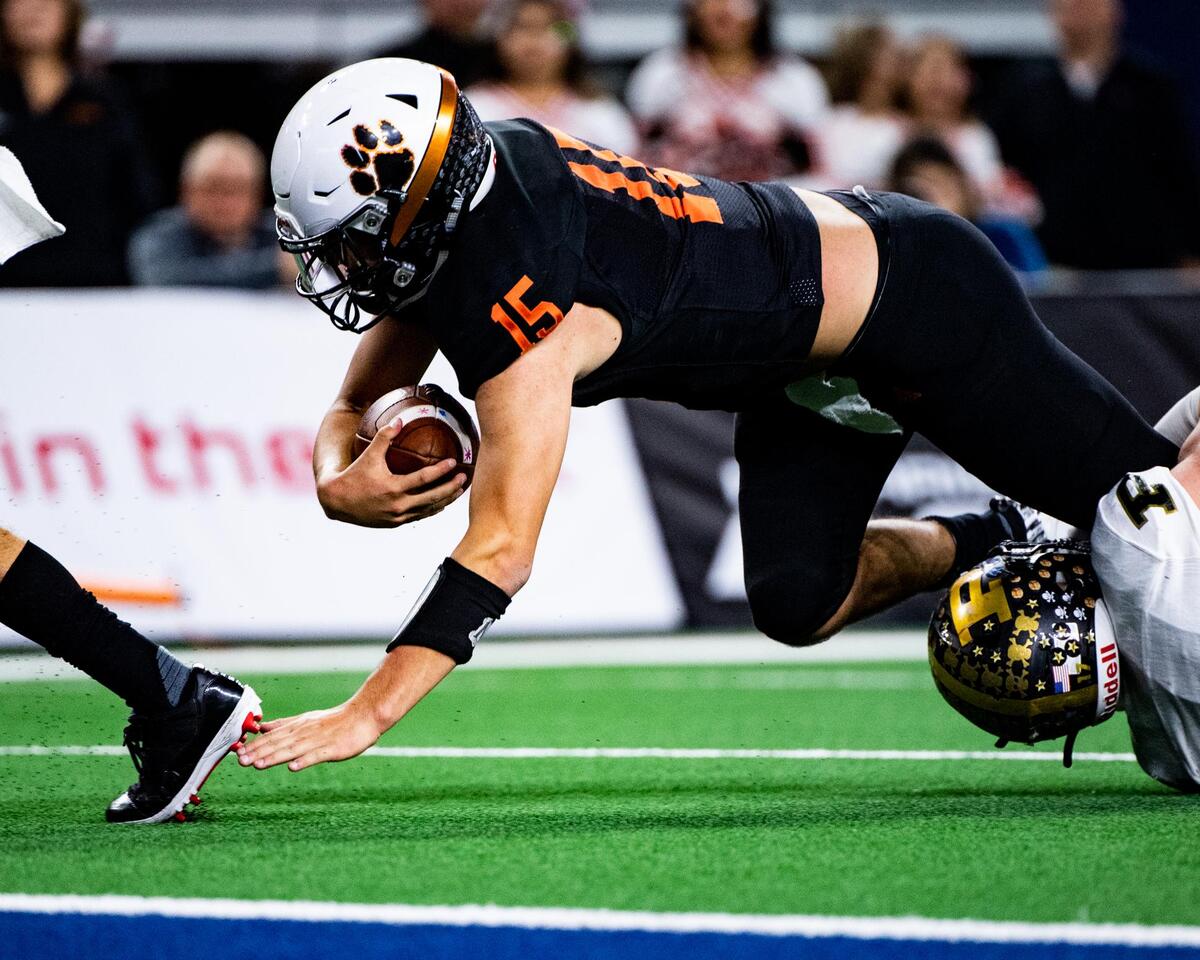 Austin Ochoa (15) is stopped just short of the goal line during the 2A Divison 1, State Championship between Post and Refugio in Arlington at AT&T Stadium on December 18, 2019. Photo by Matt Smith (Special to the Star-Telegram).
