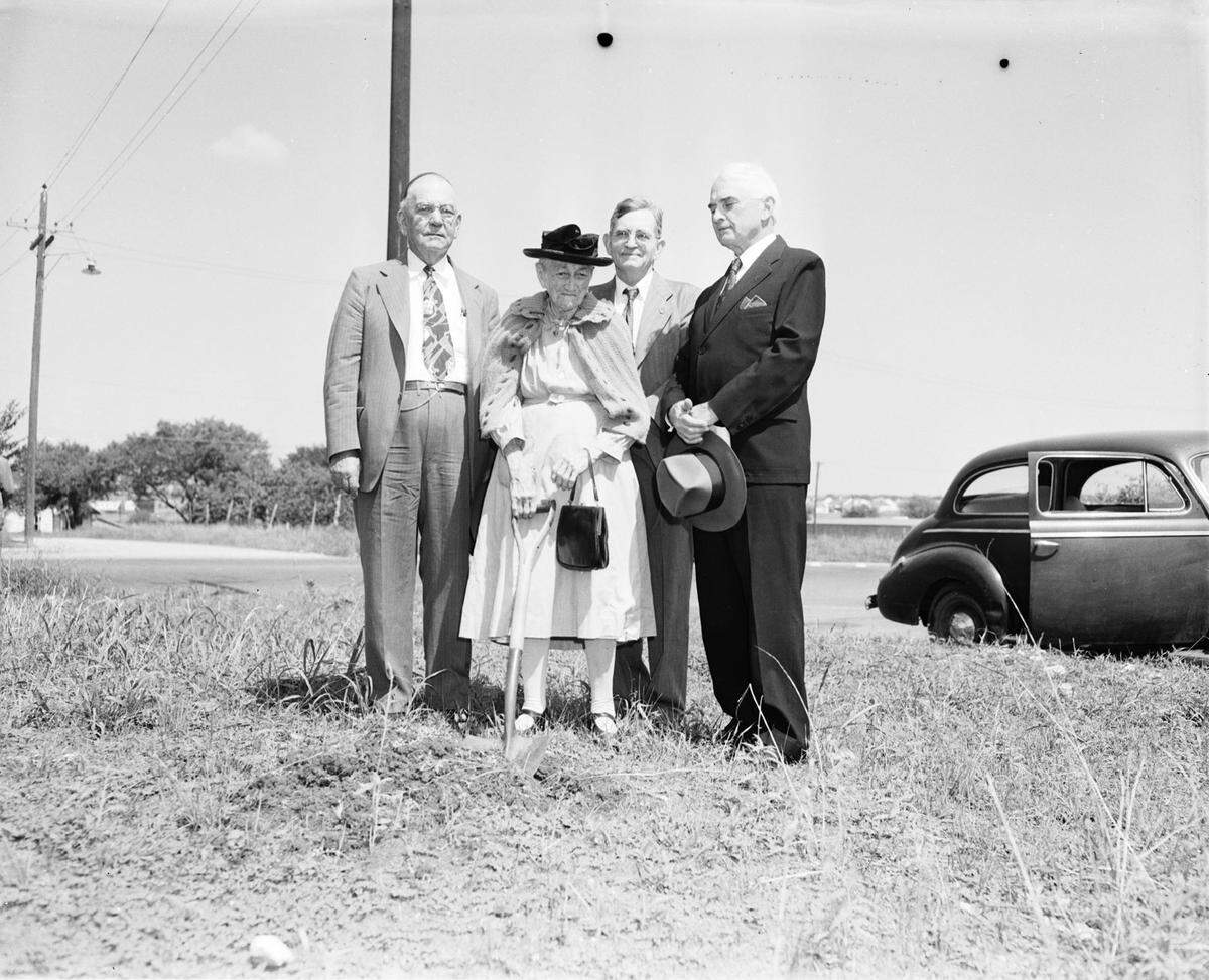 Sept. 28, 1947: Polytechnic Presbyterian Church groundbreaking; Jennie Stevens, 101 year old member; left to right, C. E. Snelson, contractor; C. M. Herring, church building committee; Reverend James K. Thompson