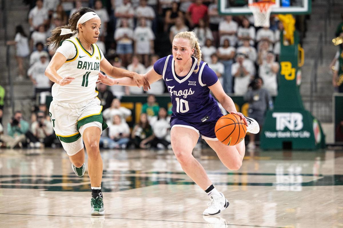 TCU guard Hailey Van Lith (10) drives past Baylor guard Jada Walker (11) in the first half of an NCAA game between TCU and Baylor at Foster Pavilion in Waco on Sunday, March 2, 2025.