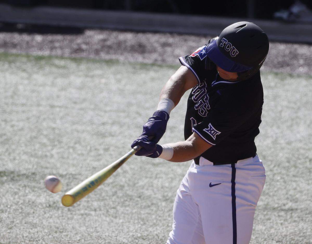 TCU catcher Nolan Traeger (16) connects against New Mexico State during an NCAA baseball game at Lupton Field at TCU in Fort Worth, Texas, Tuesday, March, 17, 2026.
