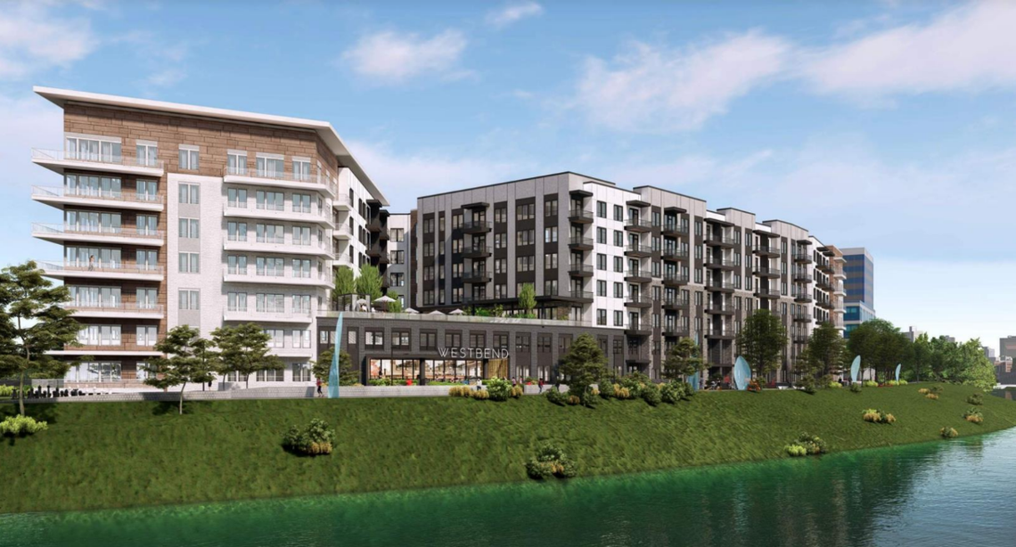 A rending of proposed new development at Westbend, which could double the plaza's retail space and add 300 apartments. 