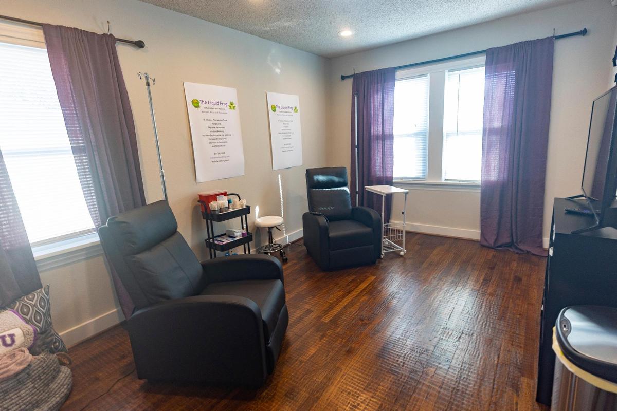 The room where clients receive IV hydration at the Liquid Frog in Fort Worth on Thursday, Feb. 9, 2023. The wellness center on TCU’s campus is most popular for its hangover treatments.