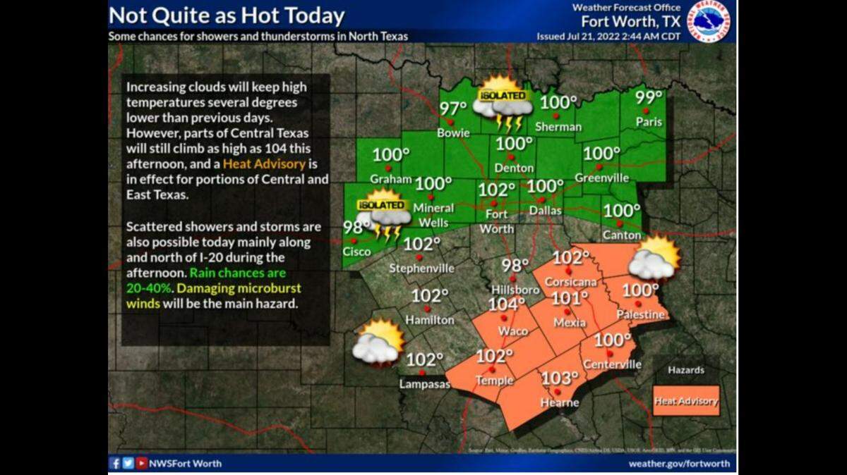 There’s a 30 percent chance of showers and thunderstorms in Tarrant County and other areas of North Texas on Thursday, according to the National Weather Service in Fort Worth.