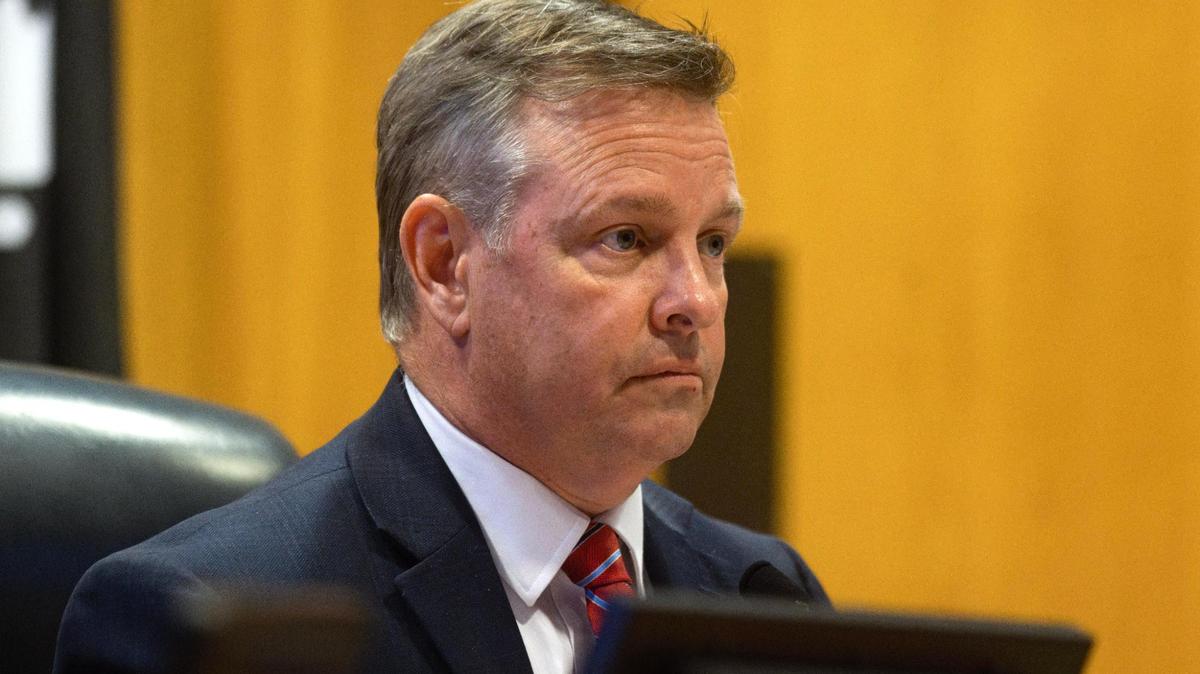 County judge Tim O’Hare listens to public comment during an Elections Commission meeting on Tuesday, April 25, 2023, at the Tarrant County Administrative Building in Fort Worth. The commission voted to confirm the resignation of Tarrant County elections chief Heider Garcia.