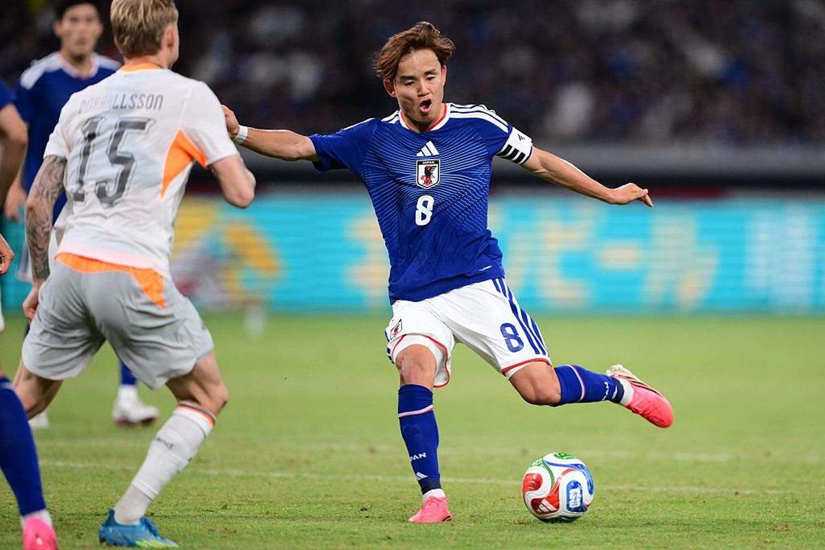 Japan's Takefusa Kubo shoots the ball during the international friendly football match between Japan and Iceland at the National Stadium in Tokyo on May 31, 2026. (Photo by Yuichi YAMAZAKI / AFP via Getty Images)