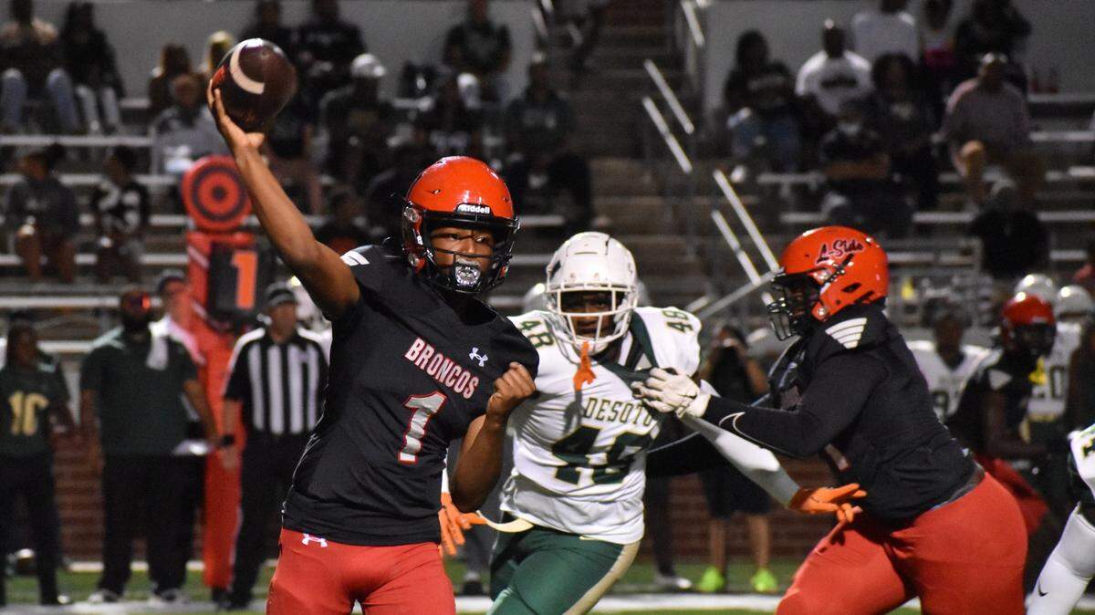 Mansfield Legacy quarterback Roman Steele passes the ball during a game on Friday against DeSoto.