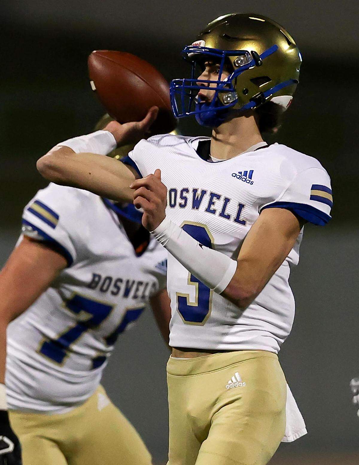 Fort Worth Boswell quarterback Sawyer Farr (3) looks to make a pass against Eaton during the first half of the 6A Bi-District Region I Division II High School Football playoff game played at Northwest ISD Stadium on Thursday, November 11, 2021, in Justin. (Steve Nurenberg/Special to the Star-Telegram)