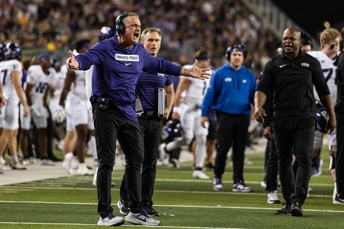 TCU Head Coach Sonny Dykes reacts to a call in the second half of an NCAA football game between TCU and Baylor at McLane Stadium in Waco on Saturday, Nov. 2, 2024.