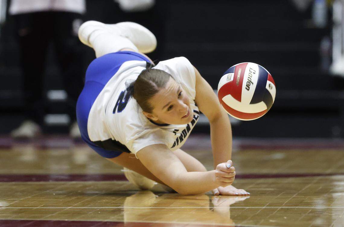 Match MVP, Trophy Club Byron Nelson outside hitter Kylie Kleckner (2) digs one out against Pearland Dawson during the first set of the UIL Class 6A Division I state volleyball championship game Saturday Nov. 22, 2025 at Curtis Culwell Center in Garland, Texas.
