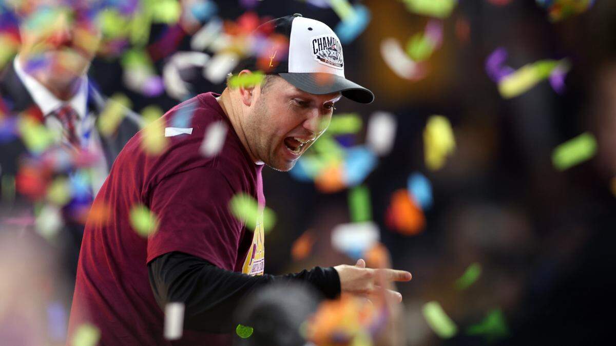 Arizona State Sun Devils head coach Kenny Dillingham celebrates winning the Big 12 Championship game against the Iowa State Cyclones at AT&T Stadium.