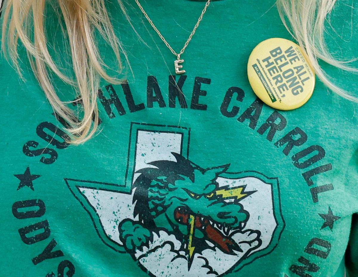 Several attendees wore We All Belong Here badges during a Southlake Carroll ISD school board meeting at the administration building in Southalke, Texas, Wednesday, May 15, 2024. Among topics discussed are the recent findings by the Educations Department of violations of student rights. (Special to the Star-Telegram/Bob Booth)