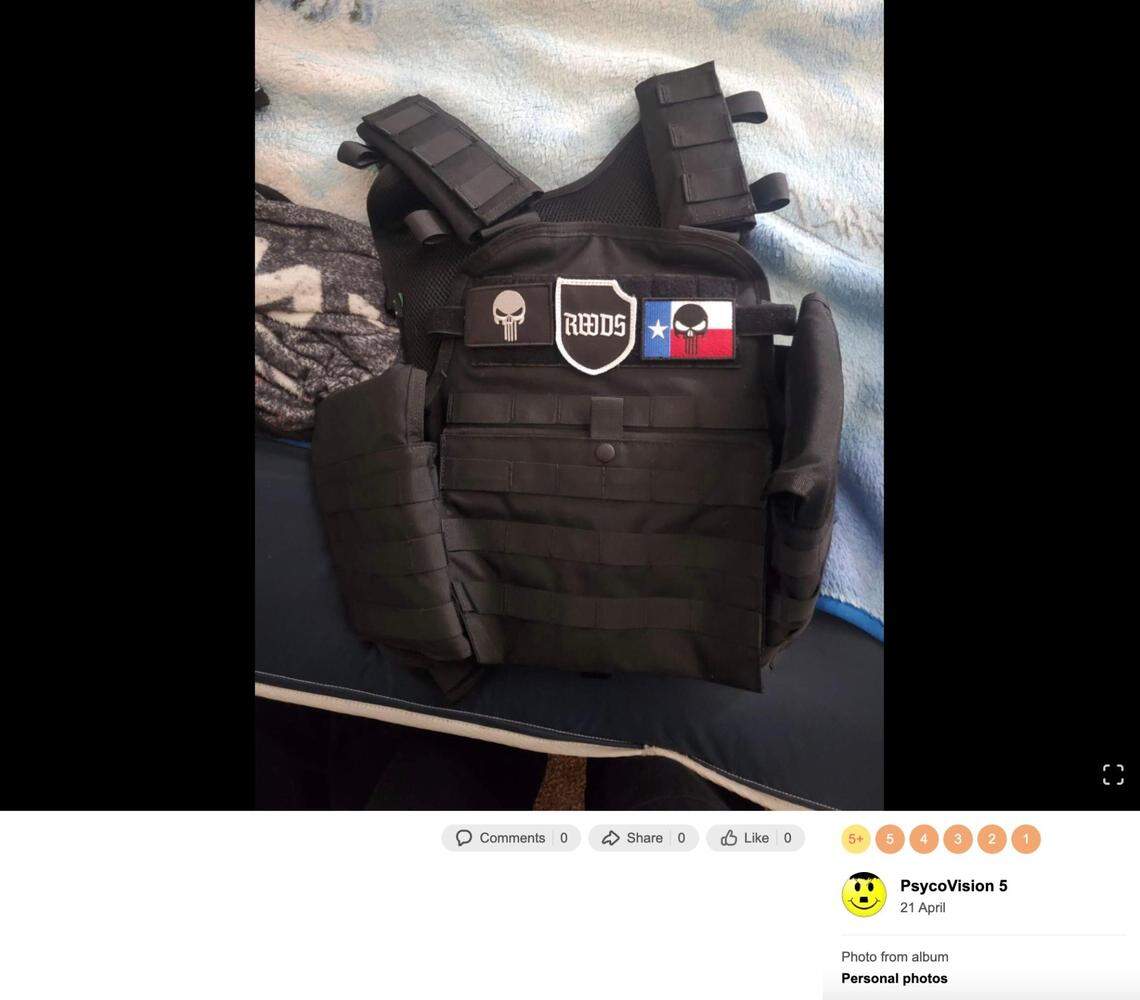 A photo uploaded to Mauricio Garcia’s social media account in April shows the vest that authorities say he was wearing when he shot 15 people on May 6, 2023, at the Allen Premium Outlets mall.