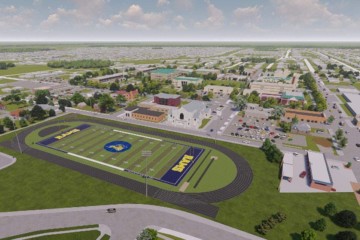 A rendering of Karen Cramer Stadium, a new, $16.5 million athletic field at Texas Wesleyan University in East Fort Worth will be located at the corner of Binkley Street and Avenue E. Officials, along with Mayor Mattie Parker, helped break ground on the site Tuesday.