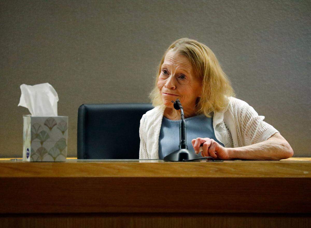 Karen Guyger speaks about her daughter, former Dallas police Officer Amber Guyger, on the witness stand as she is questioned by defense attorney Shelley Shook during the sentencing phase of Amber Guyger’s trial, at the Frank Crowley Courts Building in Dallas, Wednesday, Oct. 2, 2019. Guyger was convicted of murder Tuesday in the killing of Botham Jean and faced a sentence that could range from five years to life in prison or be lowered to as little as two years if the jury decides the shooting was a crime of sudden passion. (Tom Fox/The Dallas Morning News via AP, Pool)