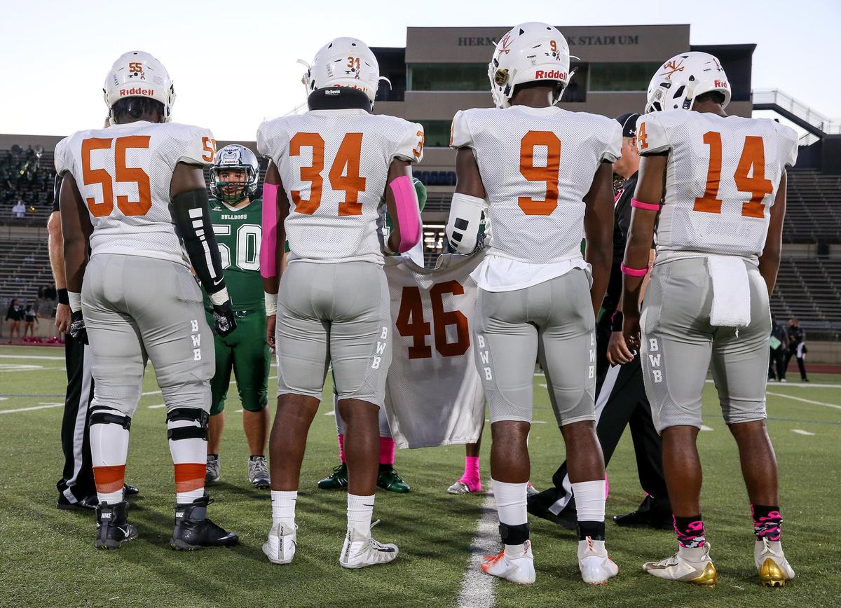 Arlington Bowie football player Anthony Strather who died Thursday, is honored before the game against Trimble Tech, Friday night, October 18, 2019 played at Clark Stadium in Fort Worth, TX.