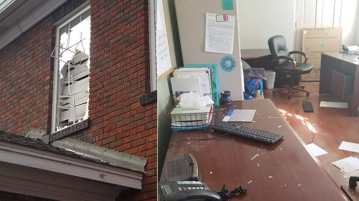 Thieves hurled a block of concrete through a second-story window of Cancer Care Services late Saturday or early Sunday and stole electronics.