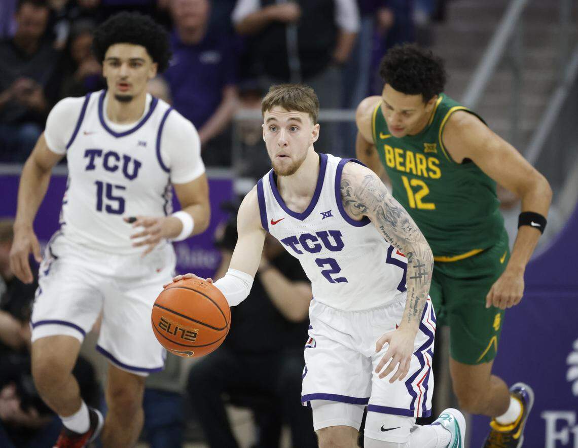 TCU guard Brock Harding (2) brings the ball down court during the first half of a NCAA basketball game between Baylor University and TCU at Schollmaier Arena in Fort Worth, Texas, Saturday Jan. 03, 2026