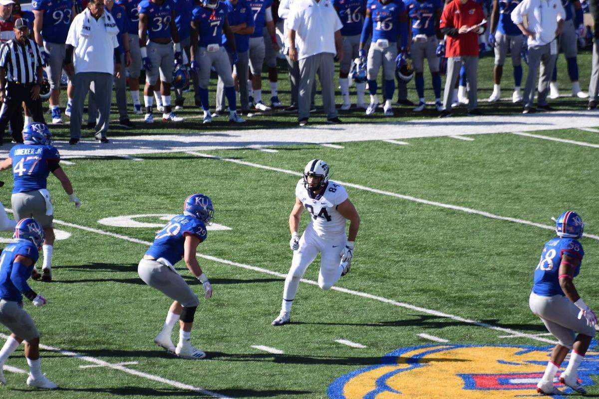 TCU tight end Cole Novak playing against KU last month.