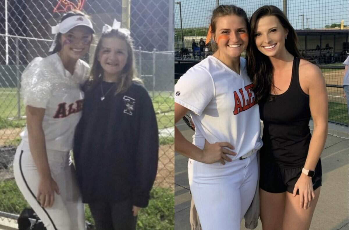 Aledo sophomore pitcher Nathalie Touchet (in uniform on the right) grew up watching former Aledo pitcher Lauren Craine (left). Craine won two titles with Aledo while Touchet is headed to the state tournament this week.