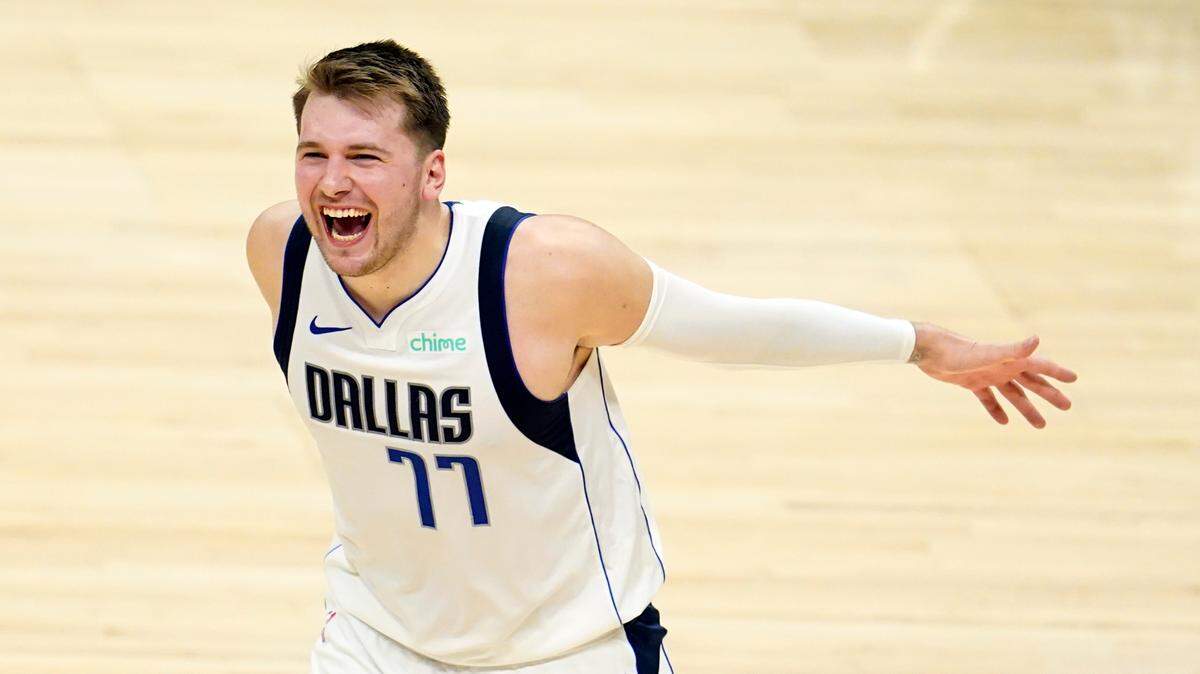 Dallas Mavericks guard Luka Doncic celebrates during Game 2 of an NBA basketball first-round playoff series against the Los Angeles Clippers Tuesday, May 25, 2021, in Los Angeles. (AP Photo/Marcio Jose Sanchez)