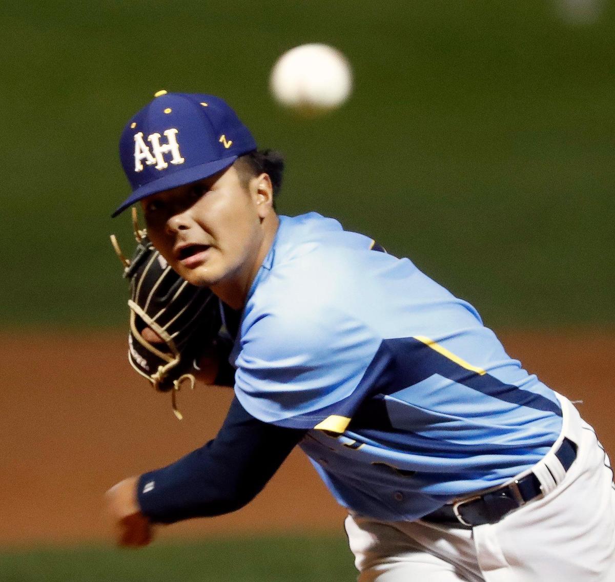 Arlington Heights pitcher Marco Solis (8) works in the first inning during the Drew Medford Baseball Tournament at Paschal High School in Fort Worth, Texas, Saturday, Mar. 12, 2022. Paschal defeated Arlington Heights 7-4 on nine hits and no errors. (Special to the Star-Telegram Bob Booth)