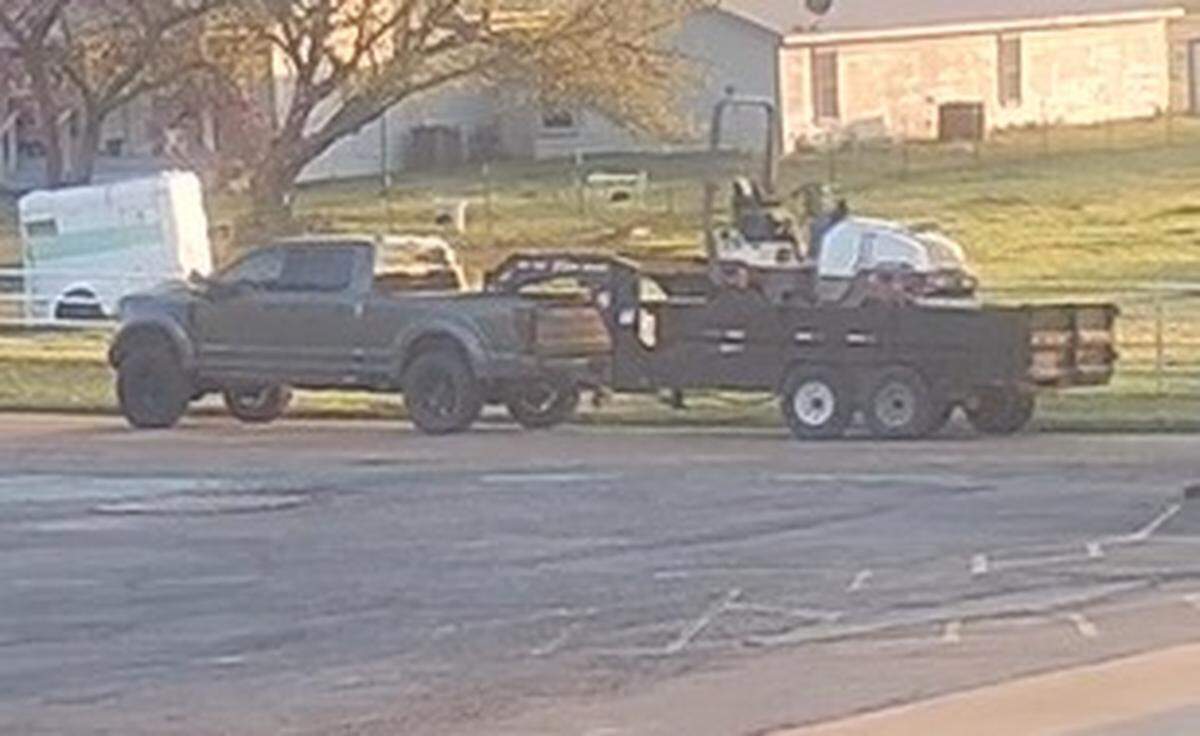 The Rhome Police Department is looking for a suspect driver and vehicle described as a Ford four-door truck, either an F250 or F350 model, hauling a black gooseneck trailer that fled the scene after forcing a motorcyclist off the road on Friday, March 10, 2023, on U.S. 287 between Pioneer Parkway and State Highway 114.