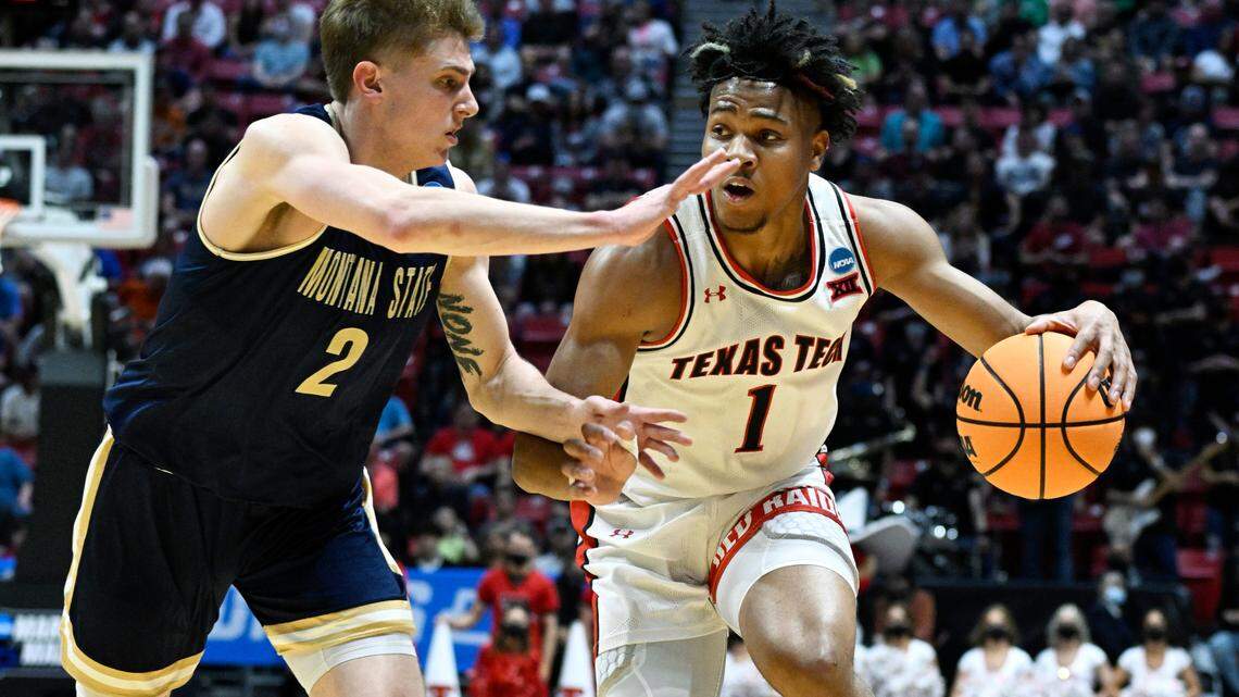 Texas Tech guard Terrence Shannon Jr. (1) tries to drive around Montana State guard Nick Gazelas (2) during the first half.
