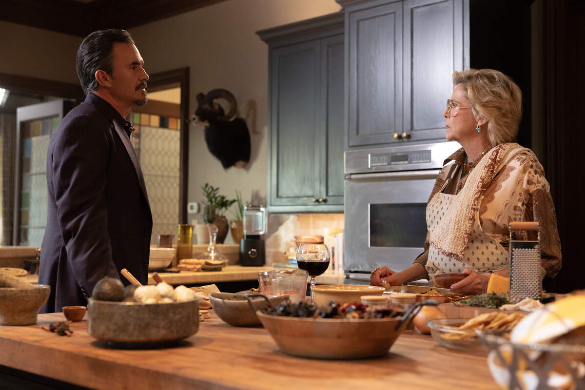 (L-R): Juan Pablo Raba as Joaquin and Annette Bening as Beulah Jackson in “Dutton Ranch,” episode 2, season 1, streaming on Paramount+, 2026.
