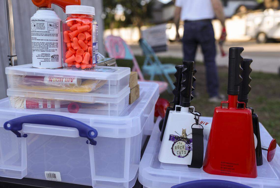 Cowbells, airhorns, and pots and pans are just a few methods used to deter the birds on Thursday, April 16, 2026 in Fort Worth. 