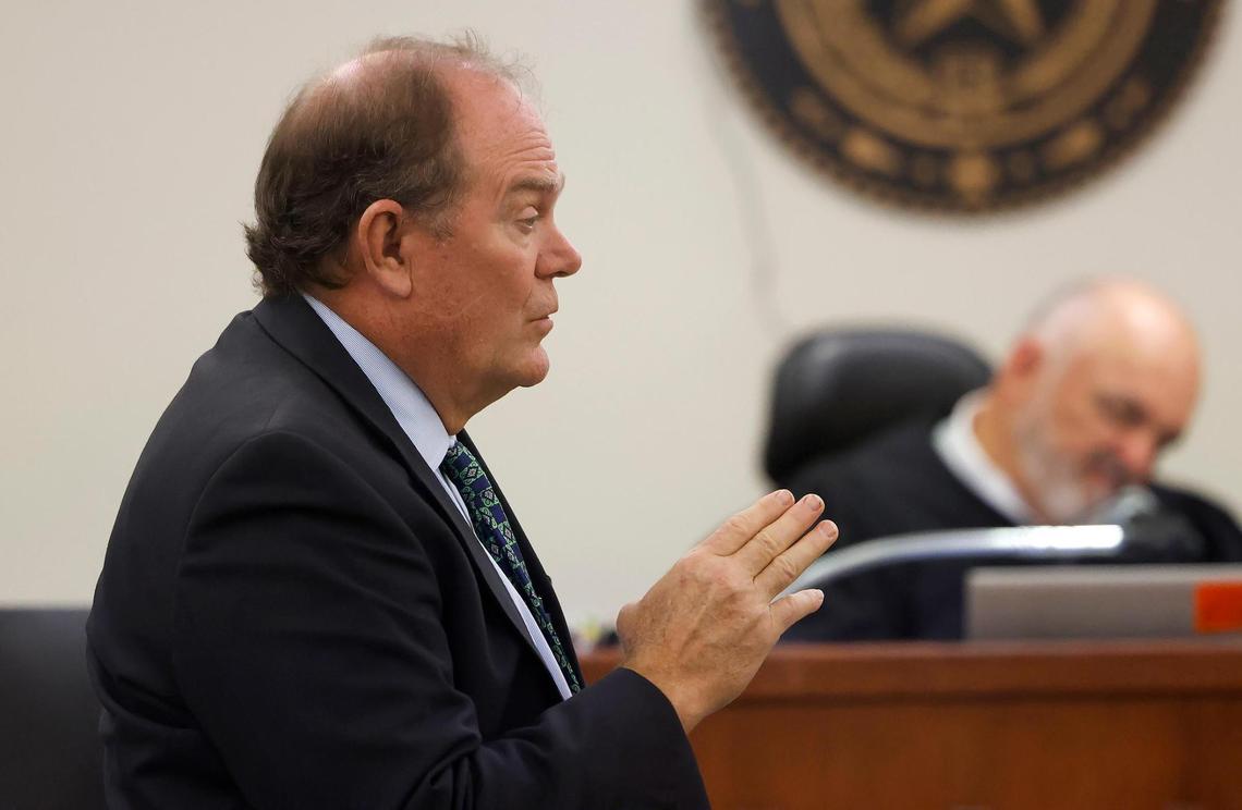 Defense attorney Gary Smart gives opening statements in the trial of capital murder defendant Christopher Turner on Monday, Nov. 4, 2024. Turner is accused of shooting to death convenience store owner Anwar Ali in the store’s bathroom in March of 2020.
