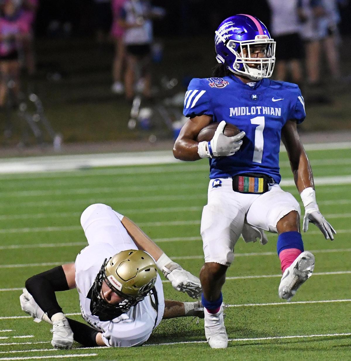 Birdville’s Connor Welsh, left is unable to catch Midlothian’s Riley Angel as he takes his second of three interceptions up the field in the second quarter of their Division 1 District 4- 5A football game Thursday, October 22, 2020 at the Midlothian Multi-Purpose Stadium in Midlothian, Texas. Special/Bob Haynes