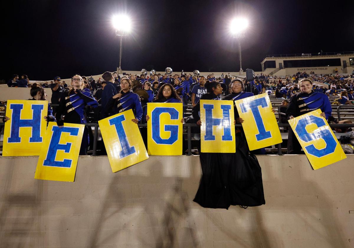 The Heights band shows some spirit during the Battle of the Bonfire UIL District 4-5A D1 football game at Farrington Field in Fort Worth, Texas, Friday, Nov. 08, 2024.