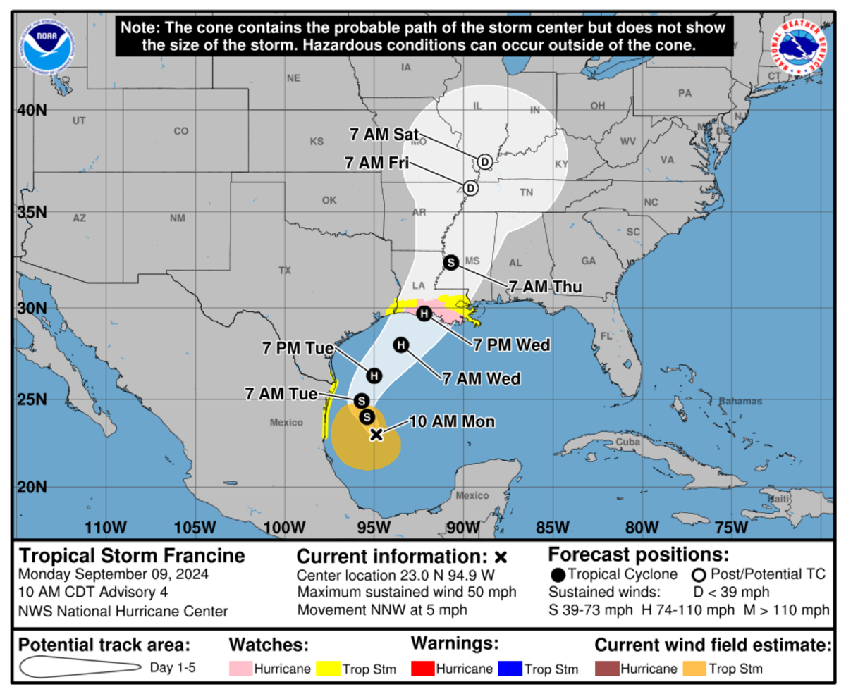 The current path of Tropical Storm Francine as of Monday.