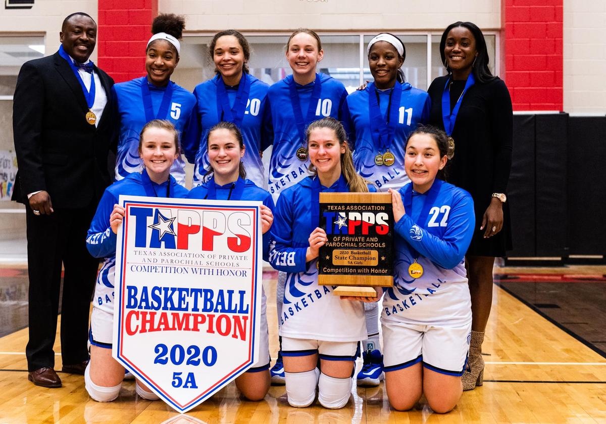 Southwest Christian School holds their championship trophy and pose for a team photo after winning the TAPPS 5A State Championship game against Second Baptist School at West High School in West, Texas on February 28, 2019. (Photo by Matt Smith-Special to the Star-Telegram)