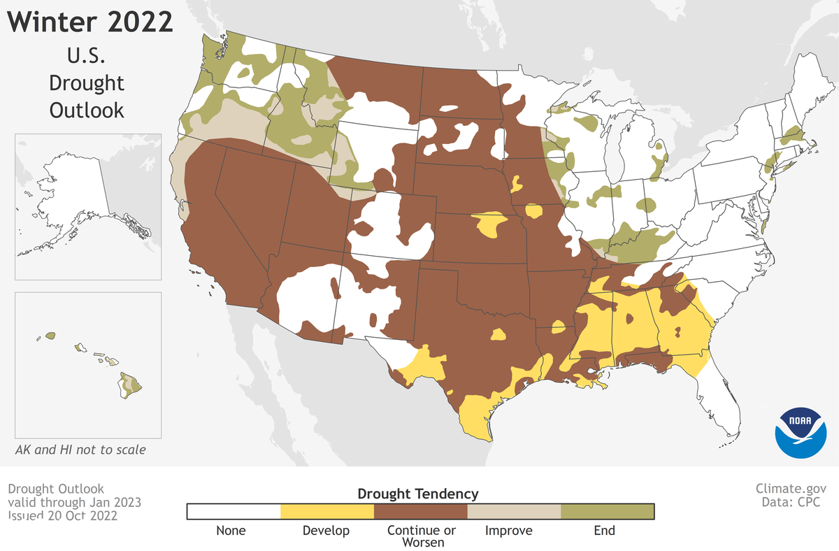 This seasonal U.S. Drought Outlook map for November 2022 through January 2023 predicts persistent widespread drought across much of the West, the Great Basin, and the central-to-southern Great Plains.