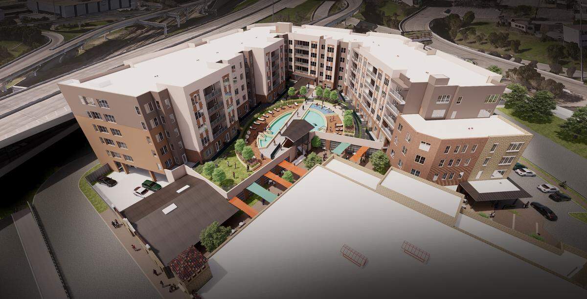 Renderings of upcoming senior-living building, The Harden, show a pool and green space at the center of community.