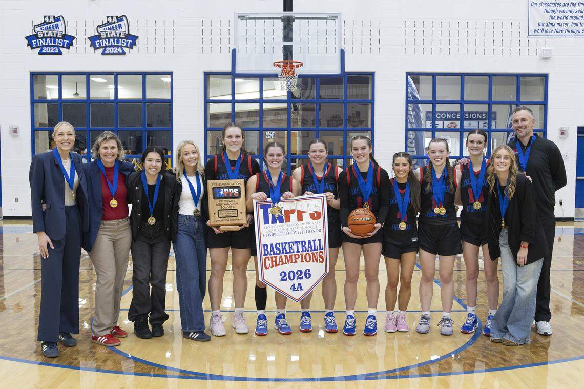 Fort Worth Lake Country Christian girls basketball poses after winning the TAPPS Class 4A state championship Friday, Feb. 27, at Robinson.