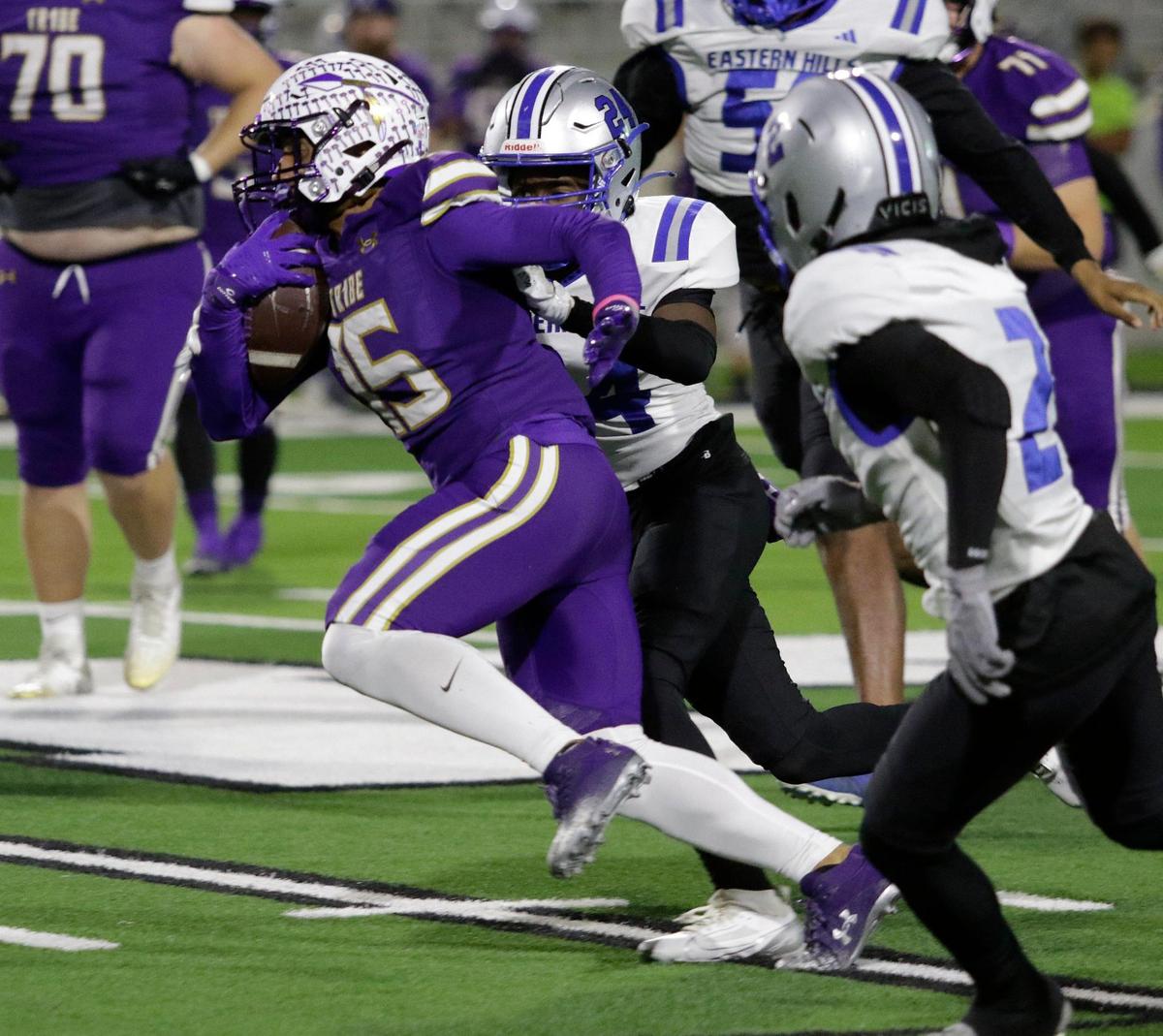 Alvarado’s Lance Sansom picks up yardage after a catch during a UIL football playoff game at Crowley ISD Multi Purpose Stadium on Friday November 8, 2024.