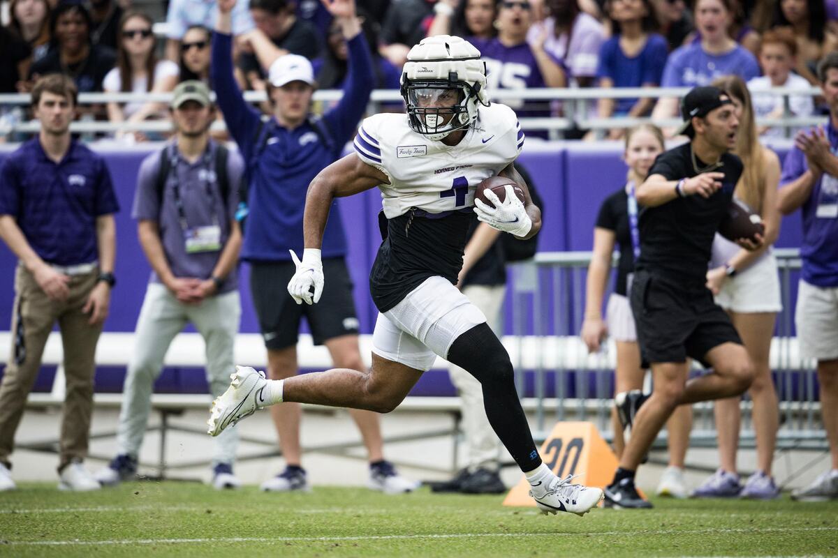 TCU running back Cam Cook runs past the defense to score a touchdown during a TCU football Spring Scrimmage at Amon G. Carter Stadium in Fort Worth on Saturday, April 27, 2024.