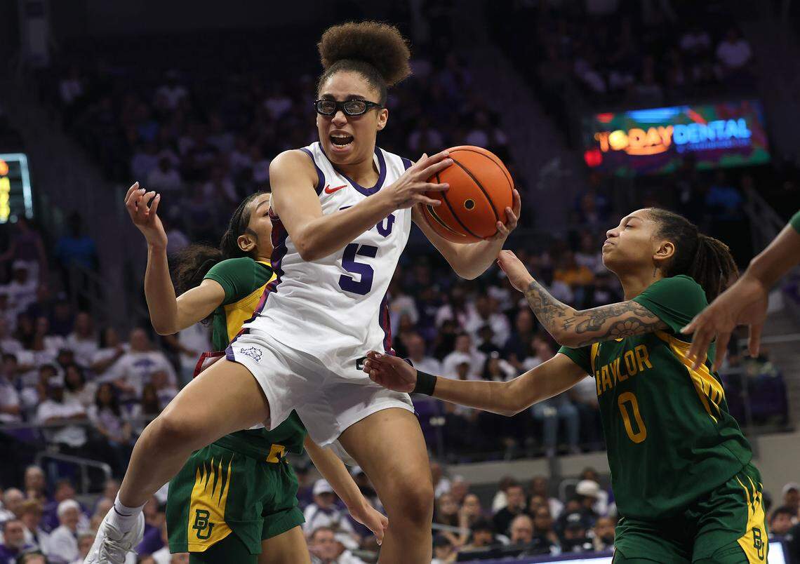 TCU guard Olivia Miles (5) says she has “profound respect” for teammate Marta Suarez. They created an offensive tandem that overwhelmed most opponents in the Big 12.