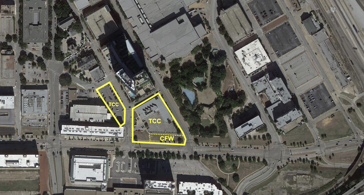 A map of Lancaster Ave. and Houston St. shows an existing Tarrant County College building that will be the new site of the Omni Hotel.